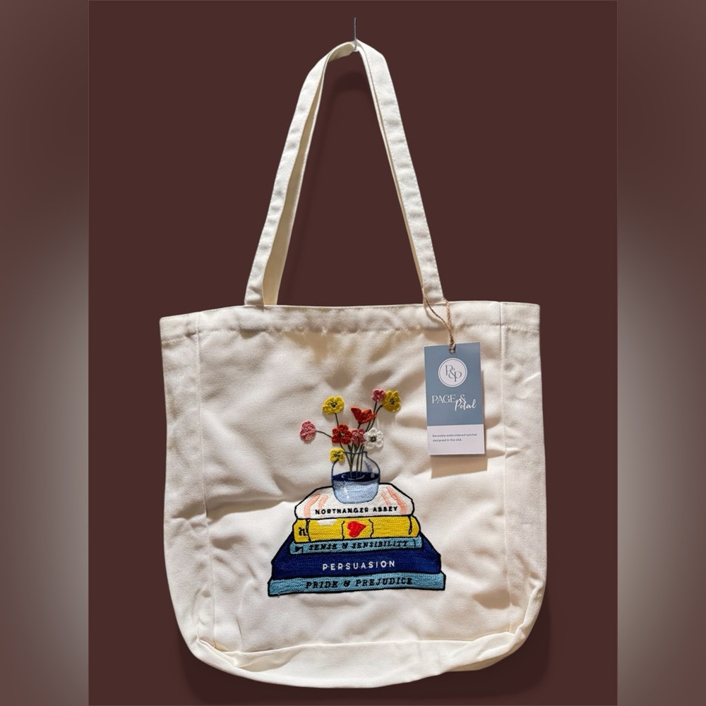 Jane Austen Books Embroidered Page & Petal Tote Bag NWT